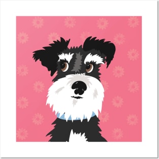 Black and White Miniature Schnauzer Dog with Pink Daisies Posters and Art